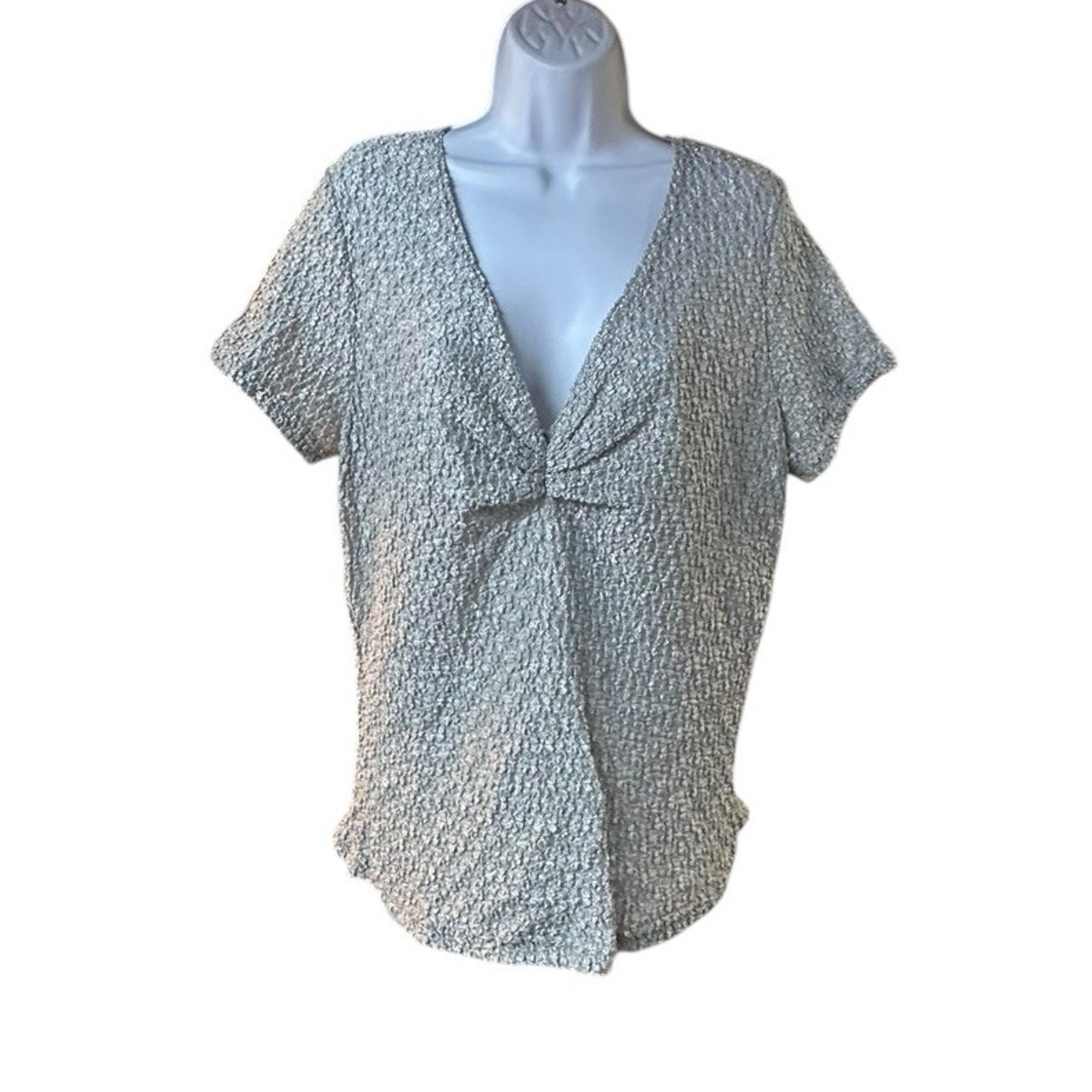 Vintage Gantos Textured Blouse Twist Front V Neck Short Sleeve Gray Large Nwt